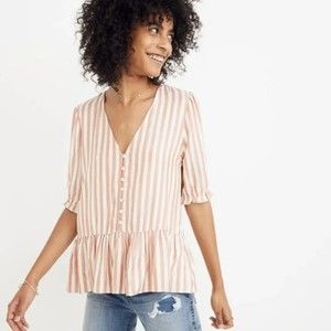 Madewell Courtyard Ruffle-Hem Stripe Top Blouse Button Front